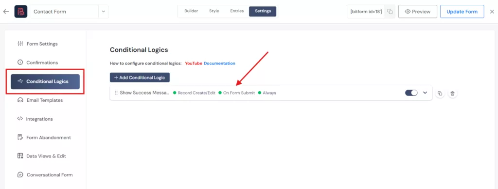 add conditional logic to the form to trigger the integration