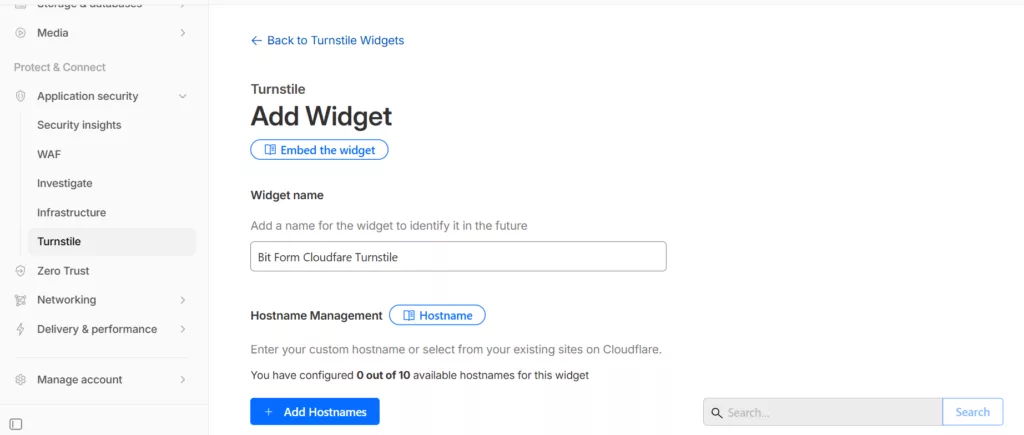 add widget in cloudfare turnstile dashboard