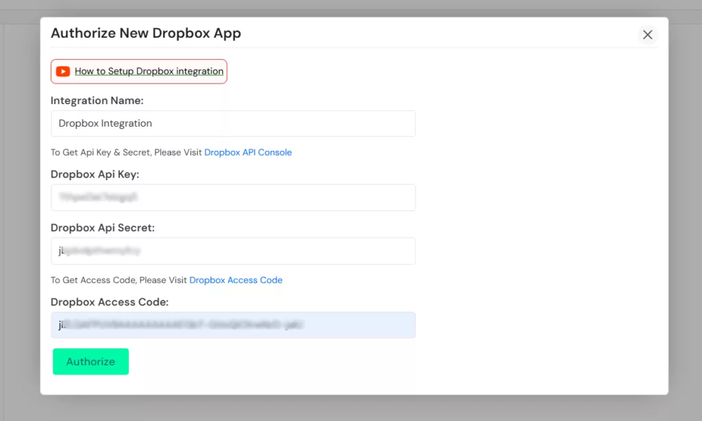 authorize dropbox account