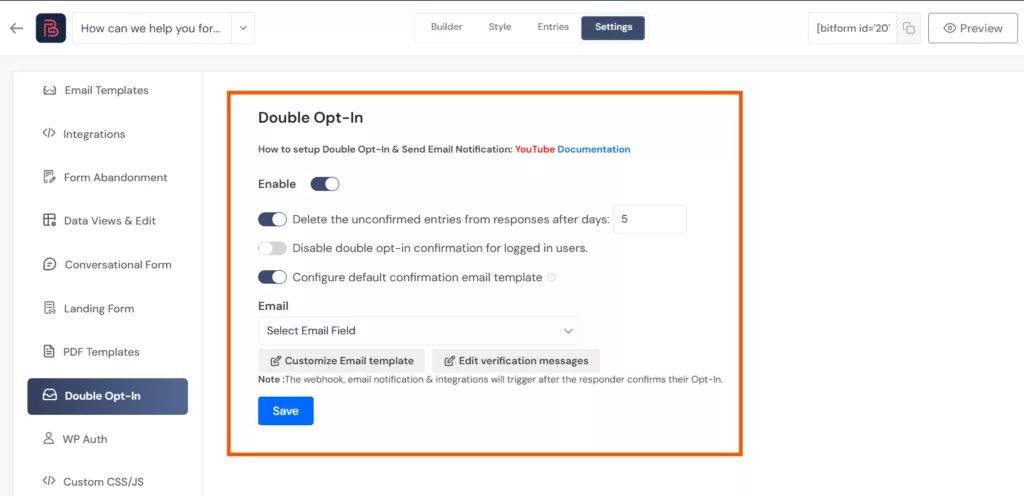 enable double opt-in in email fields