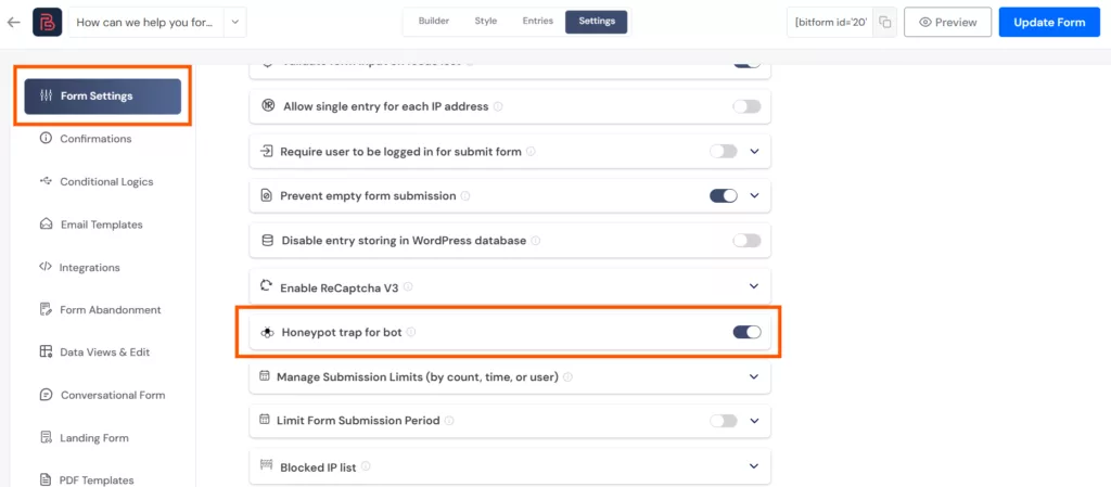 enable honeypot trap in form settings