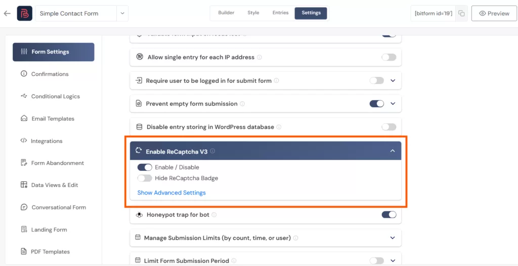 enable recaptcha v3
