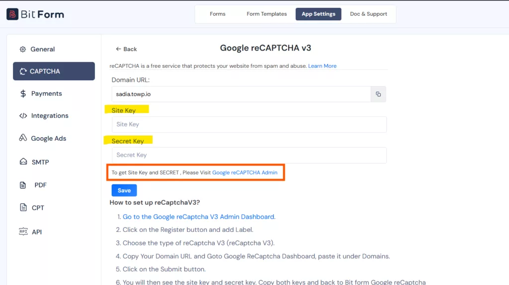 go to google recaptcha v3 admin dashboard