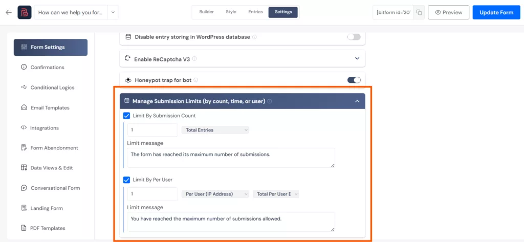 manage submission limits by count and user