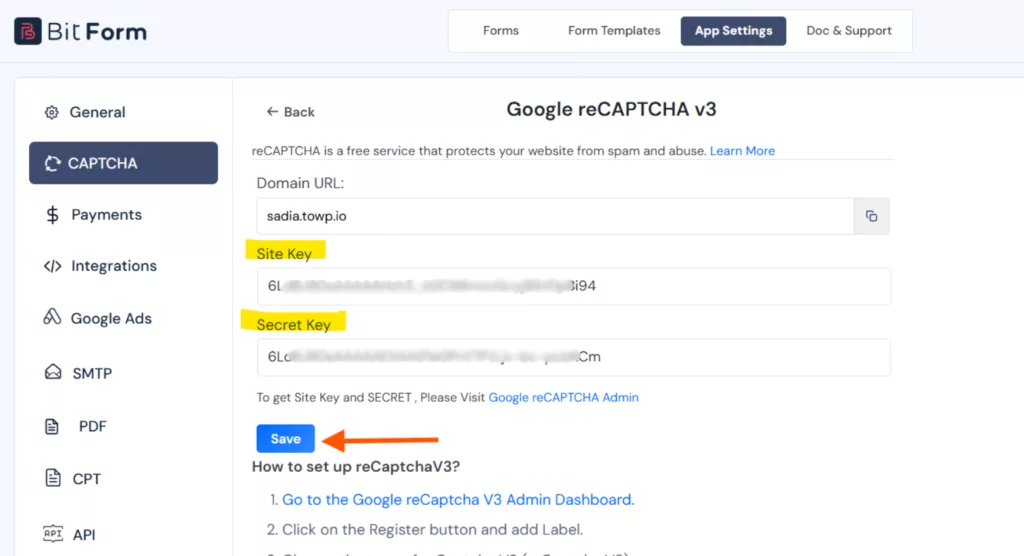 paste the copied google recaptcha v3 secret site key