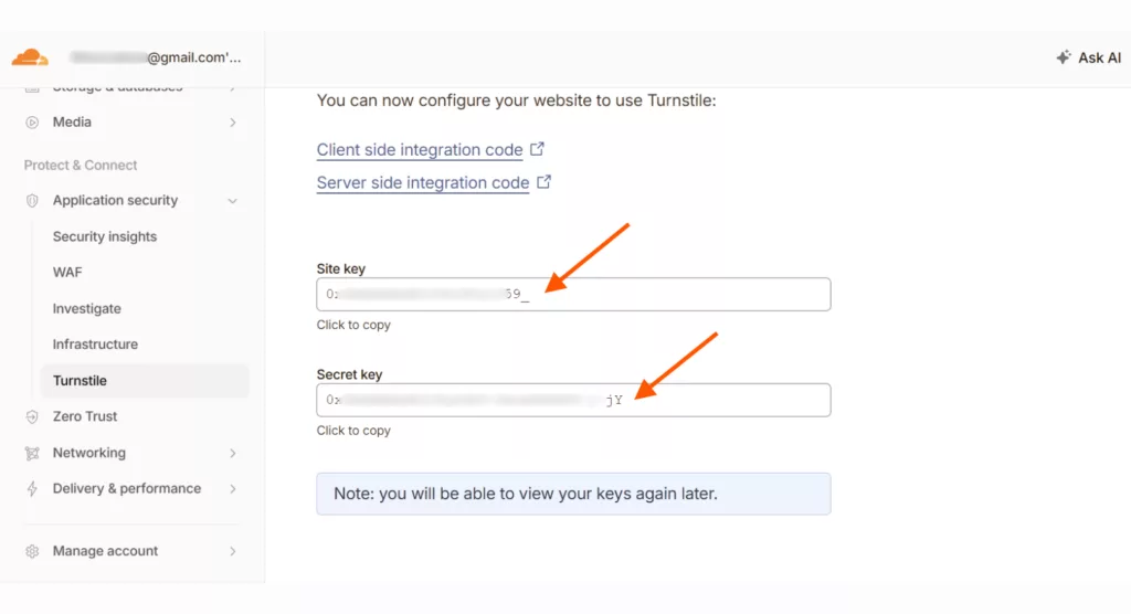 site key and secret key of cloudfare turnstile