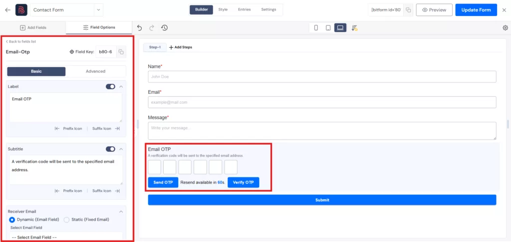Email OTP Field added to the bit form 1
