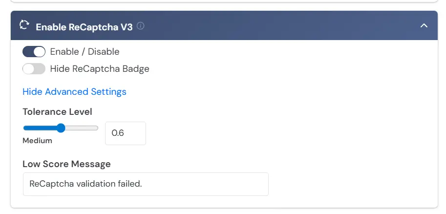 enable recaptcha v3 with advanced settings