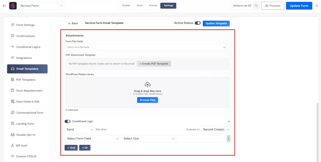 attachement in bit form email templates