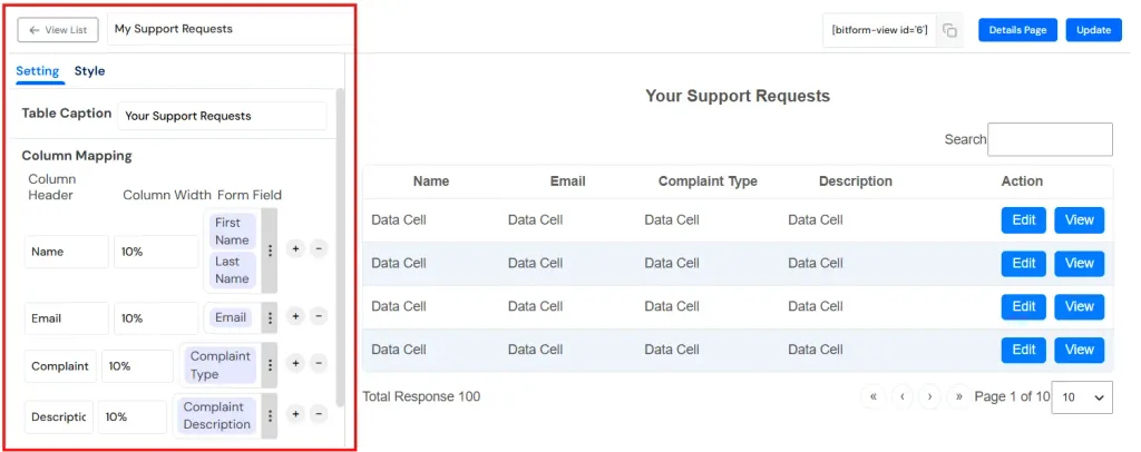 Bit Form front end data view edit setting