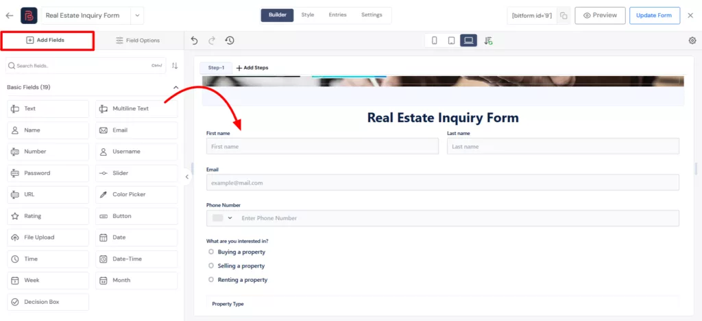 add fields in the lead capture form