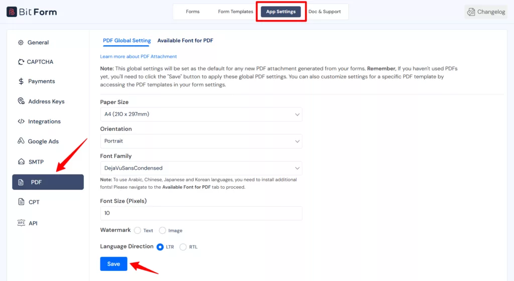 go to app settings->PDF global settings