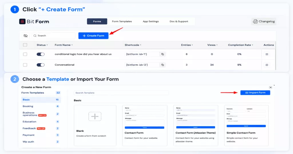 click +create form-choose template or import