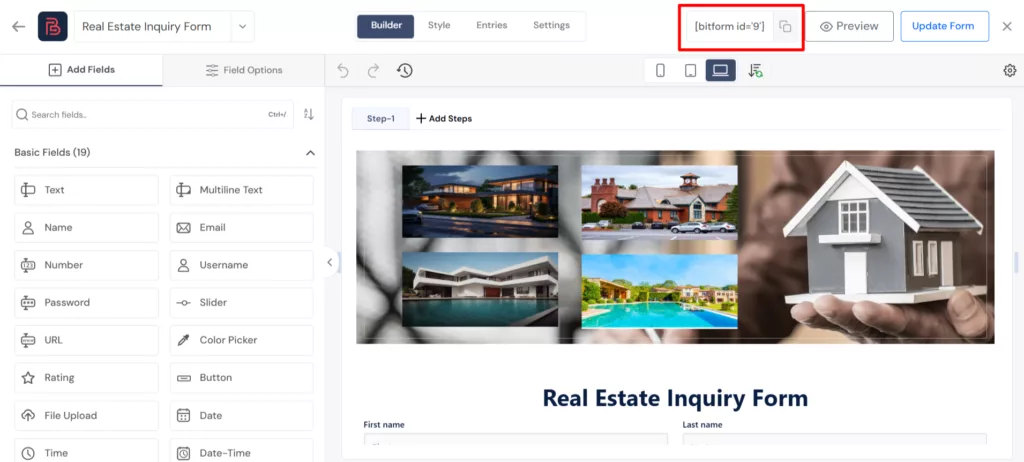 copy the shortcode to embed the form inside a post or page