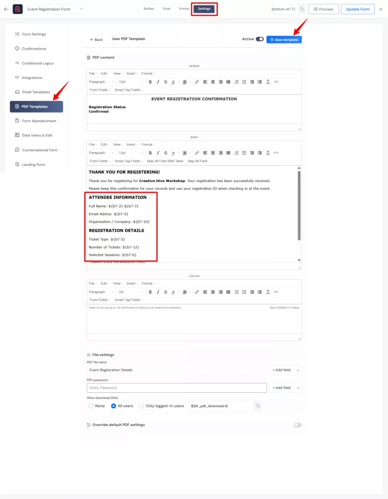 create a pdf template for users