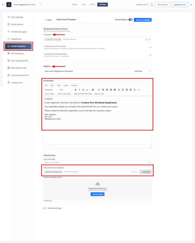 create admin email template