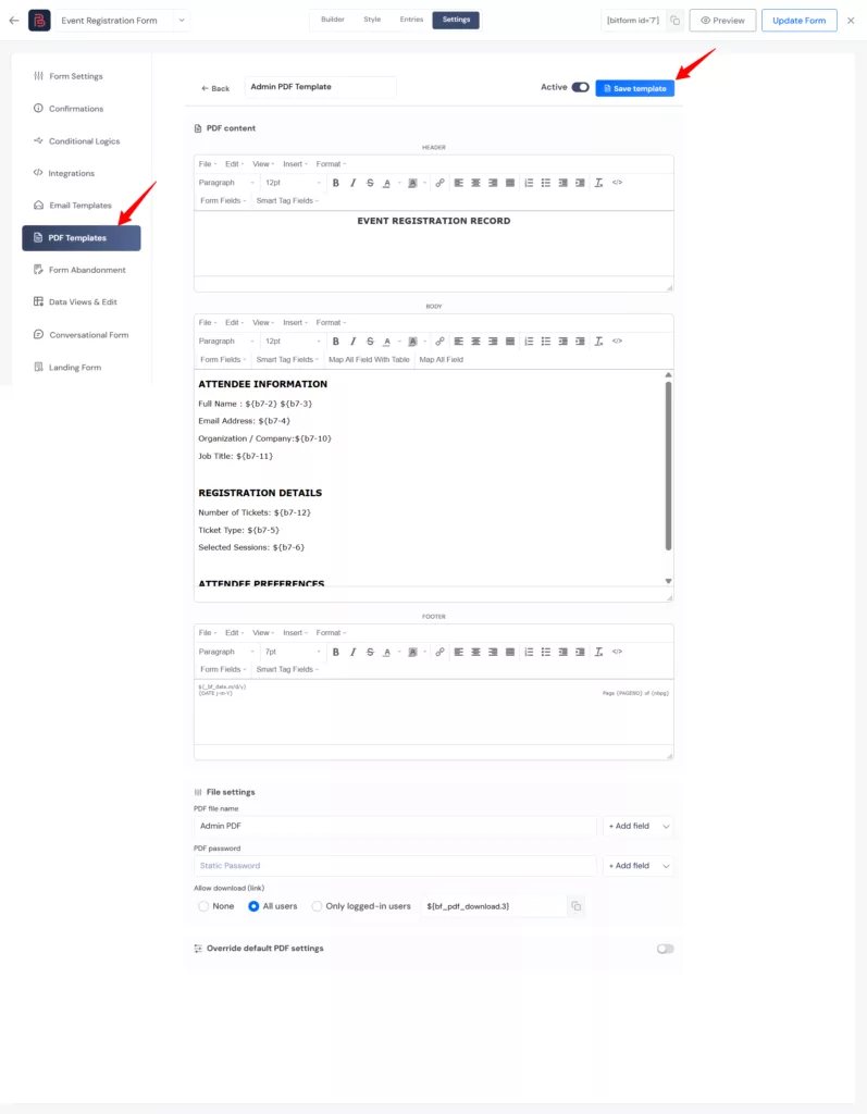 create pdf template for admins