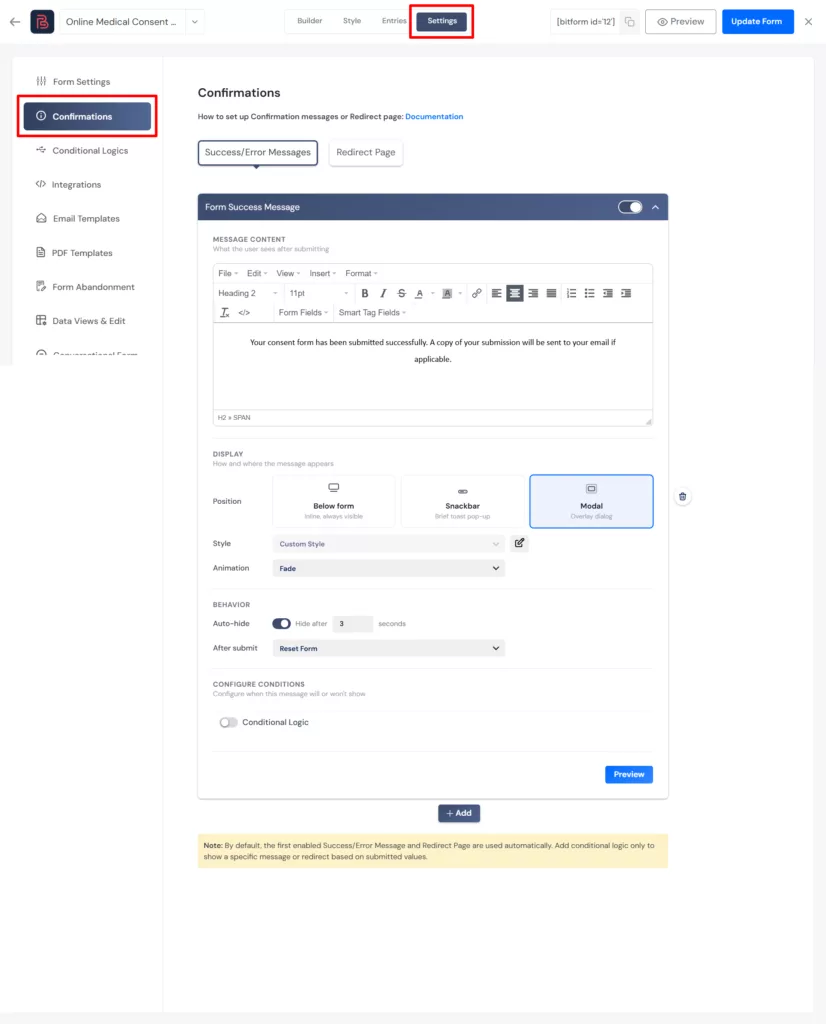 set confirmation message