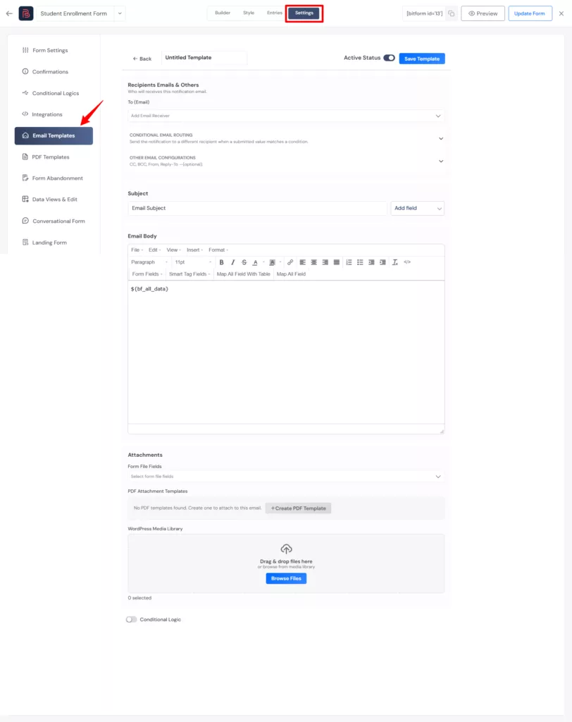 setup email template for notifications