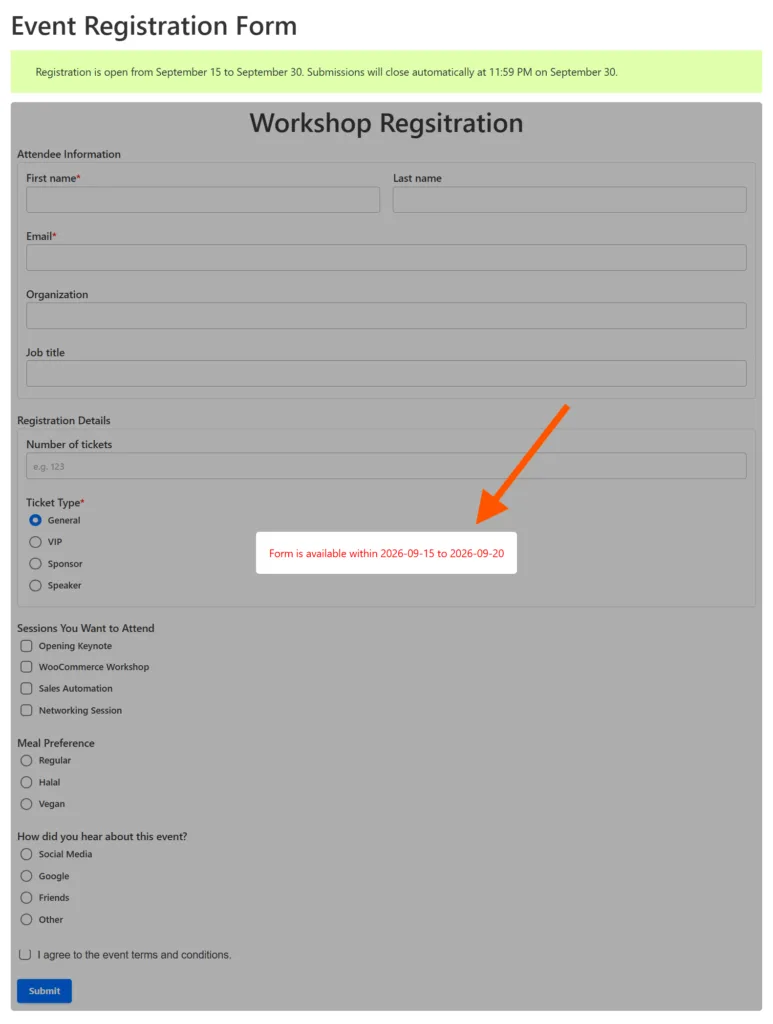 form available only during specified date