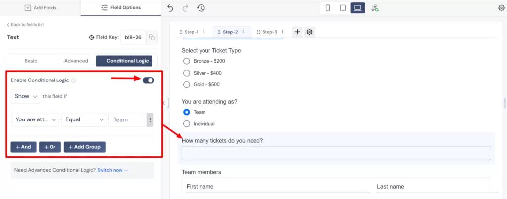 set conditional logic to show-hide field