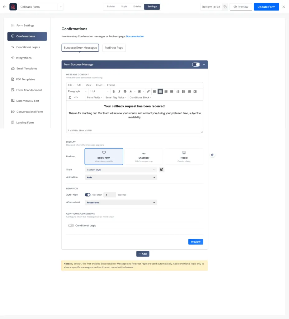 Add a Confirmation Message to the callback form