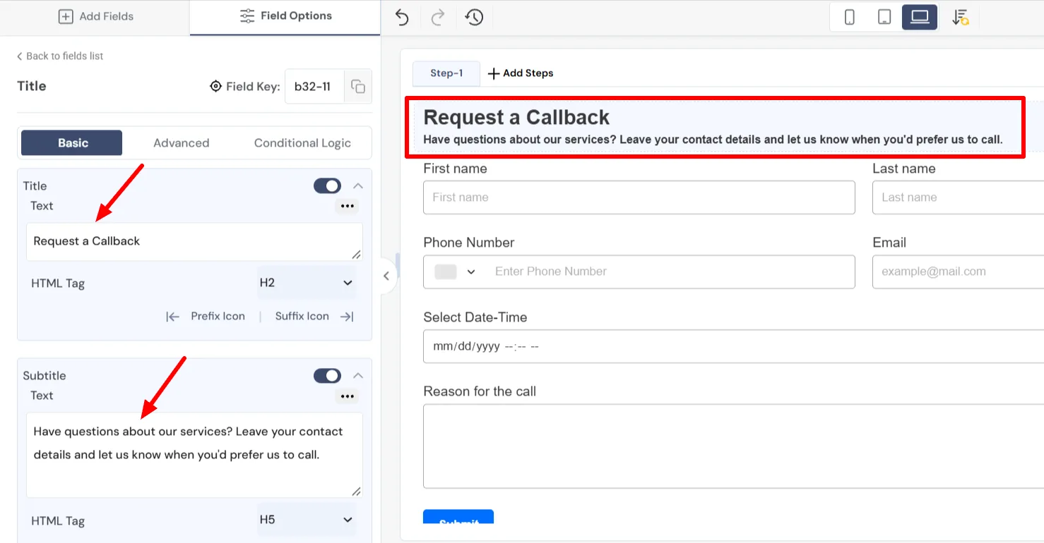 add a title to the callback form