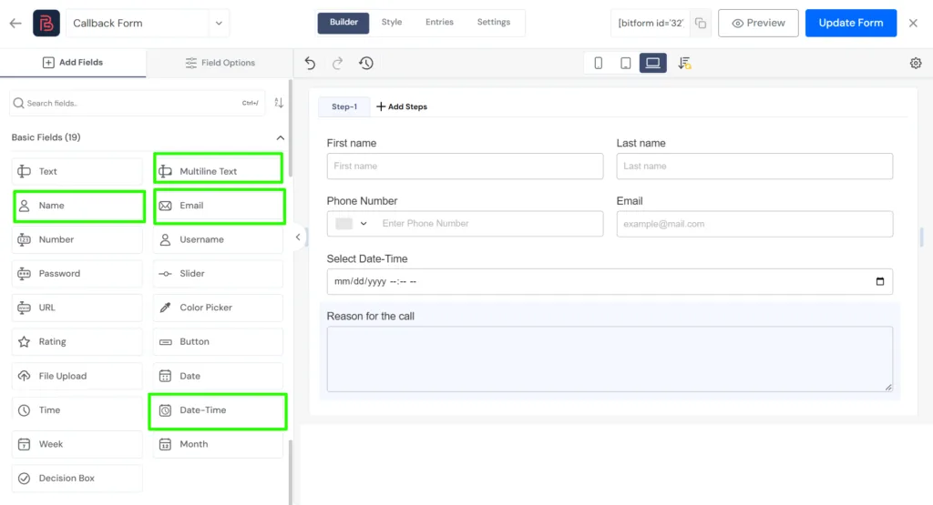 drag and drop fields for your callback form