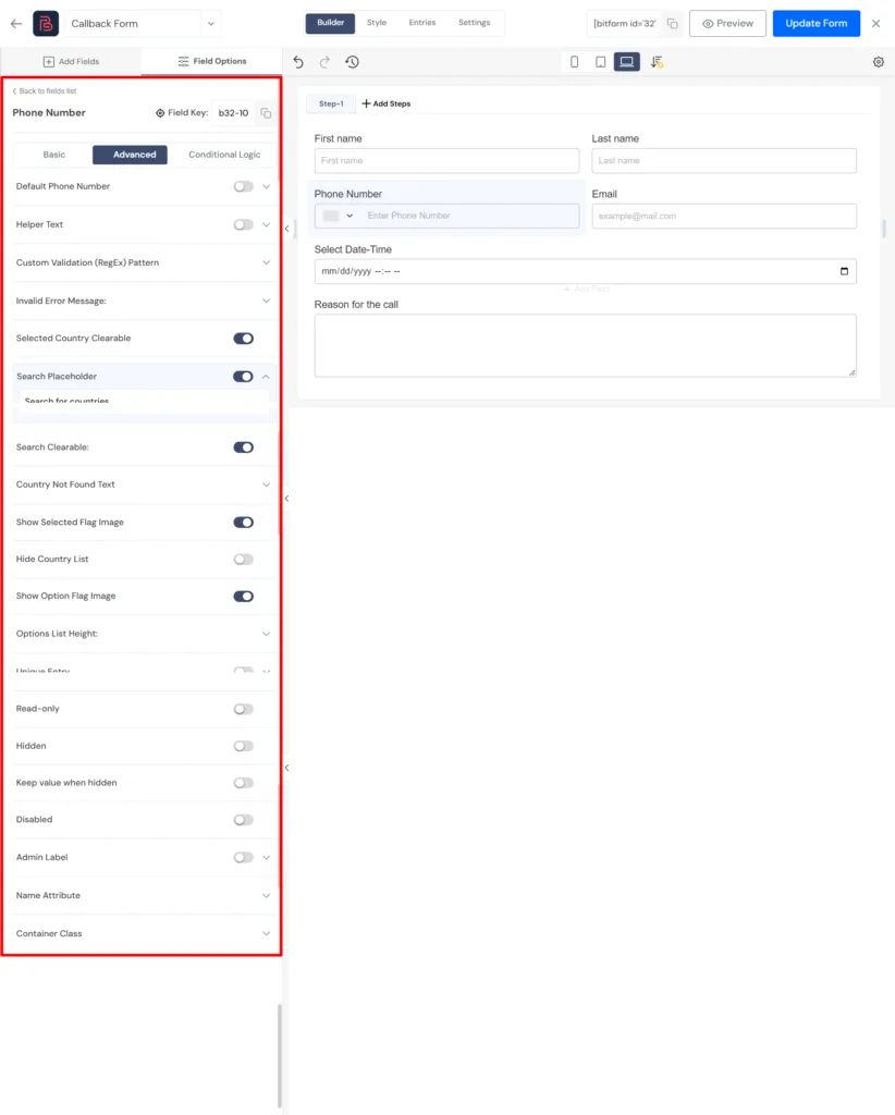 phone number field settings