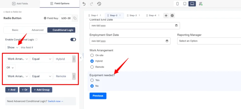 show equipment field only if the condition matches